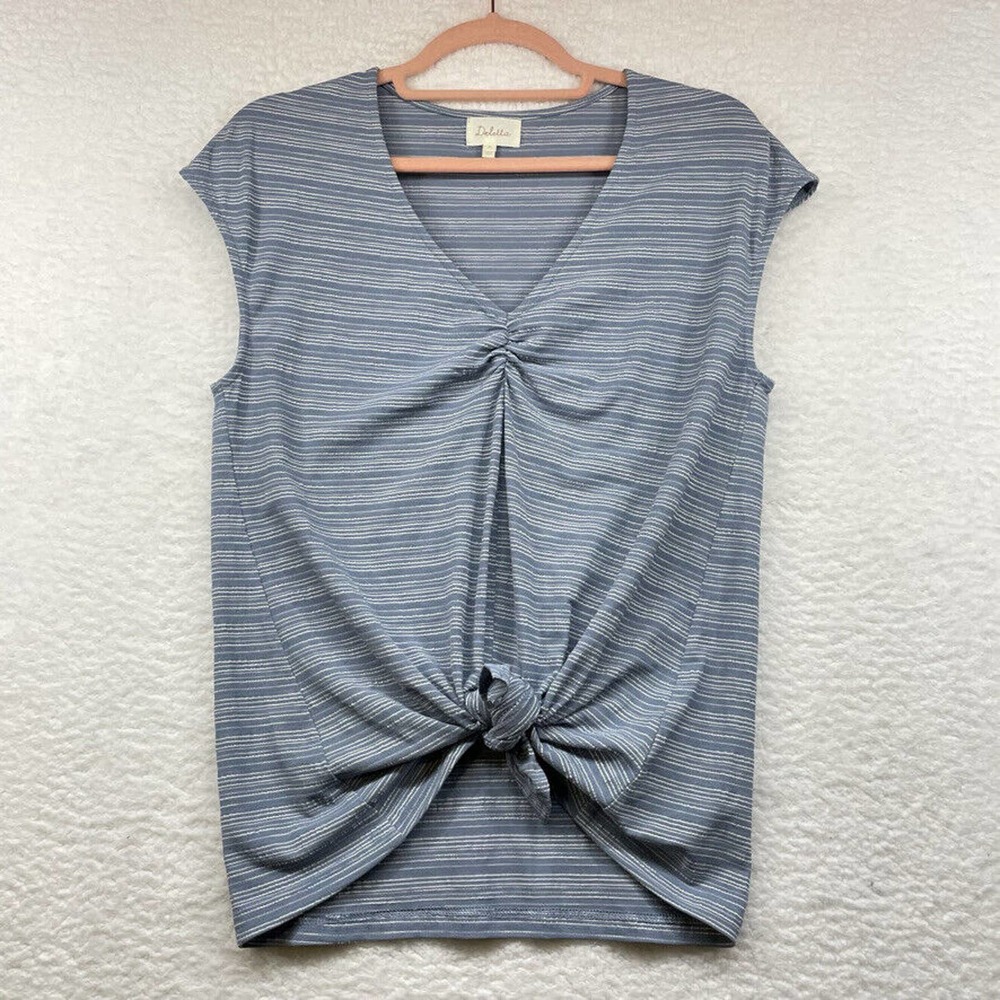 Deletta Womens Shirt Medium Blue White Striped V Neck Anthropologie Knot Stretch
